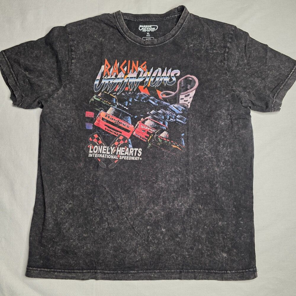 Massive Action Men’s XL Black Acid Wash Racing Champions Lonely Hearts Speedway